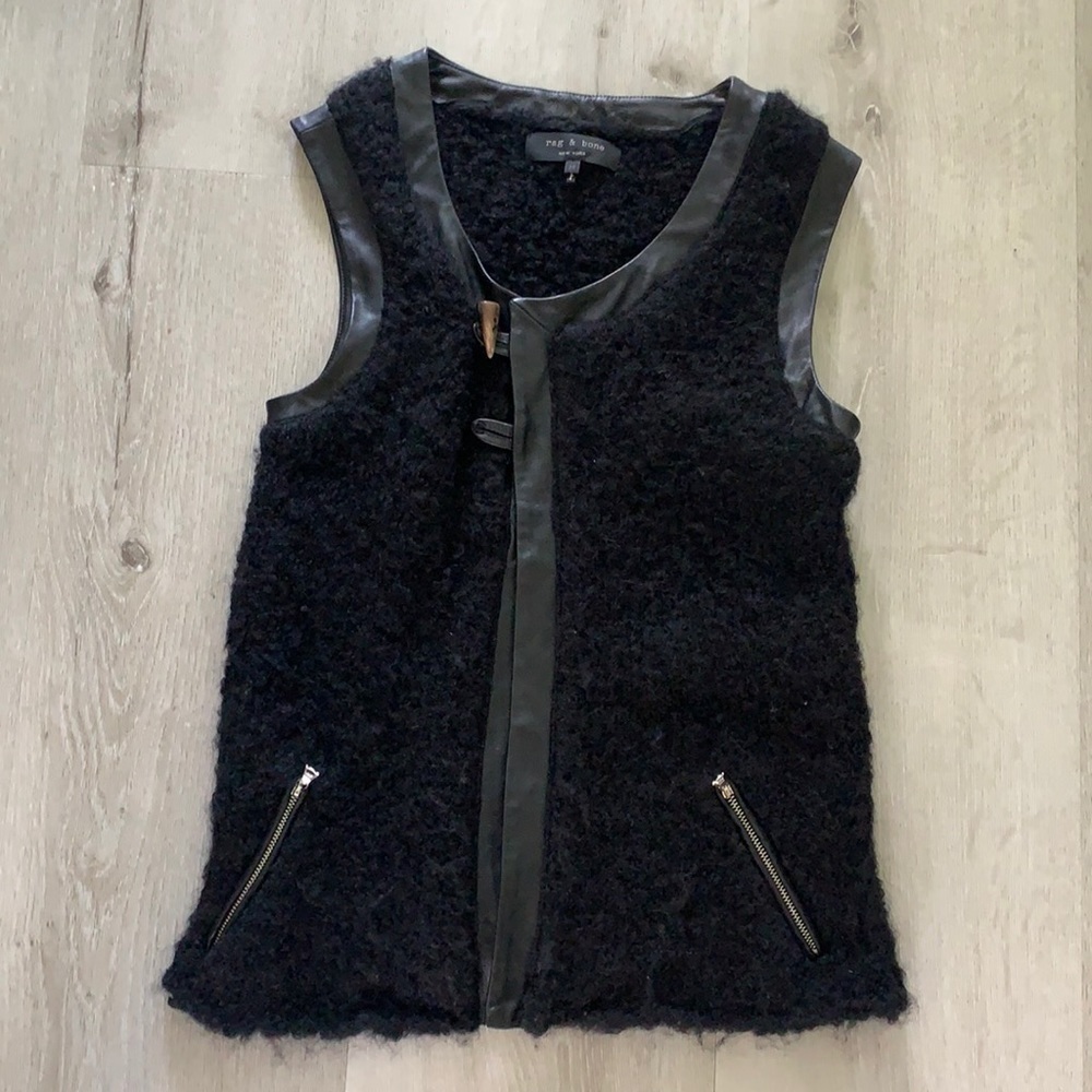 Rag & Bone knit Wool Alpaca blend vest leather trim M black bohemian classic